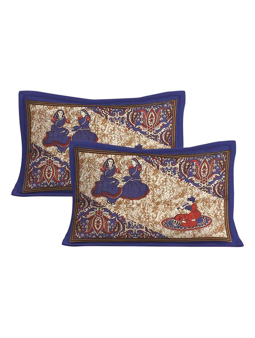 Cotton Printed Blue Double Bedsheet Set With Pillow Covers - 22719636 -  Standard Image - 1