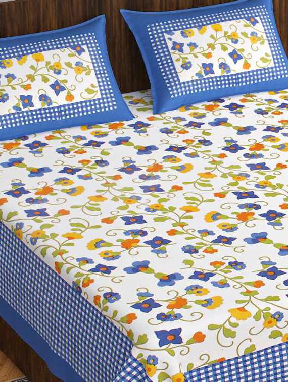 Cotton Blue Floral Print Double Bedsheet With Pillow Covers - 22719643 -  Standard Image - 1