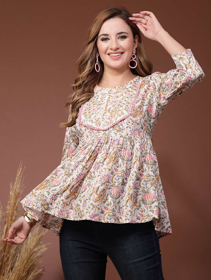 Women Printed Three Quarter Sleeves Flared Kurti - 22719761 -  Standard Image - 1