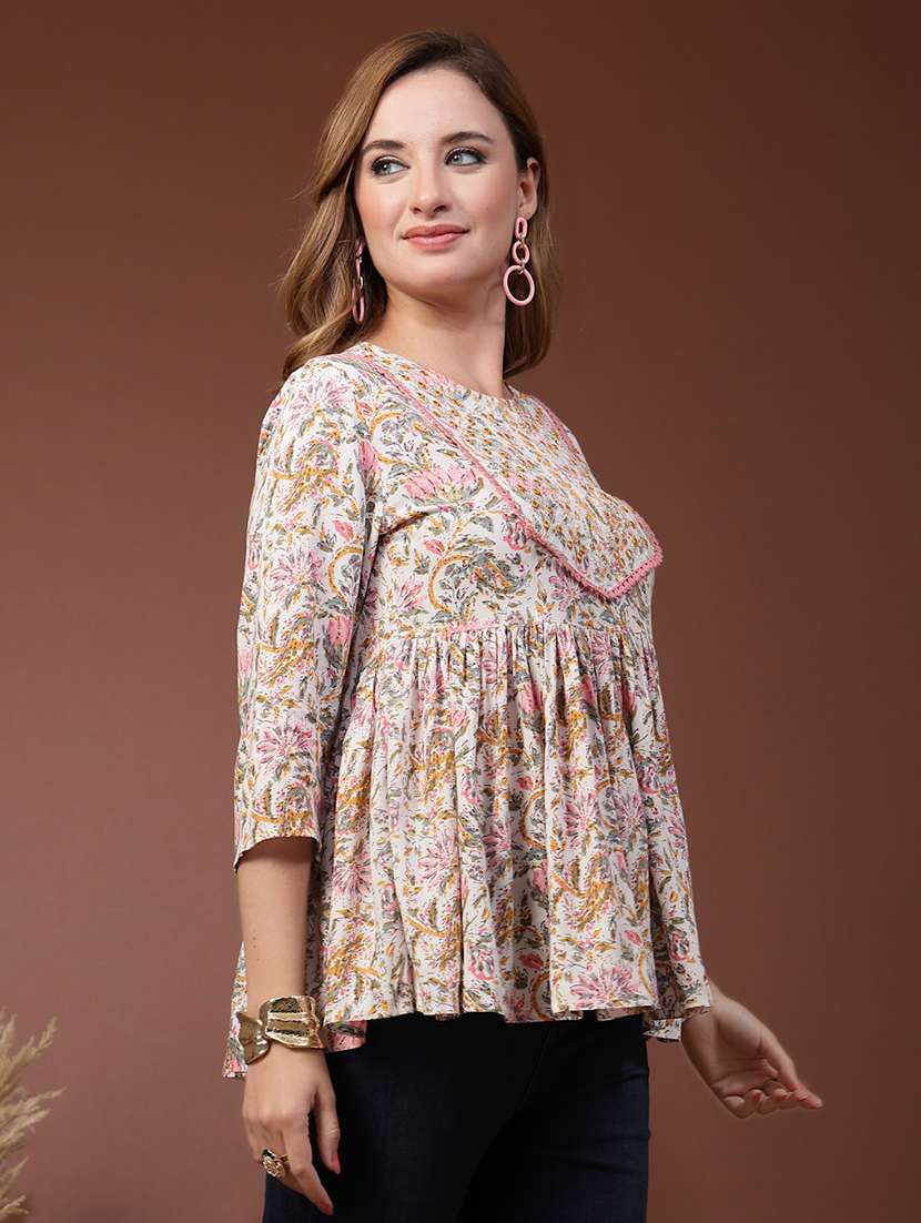 Women Printed Three Quarter Sleeves Flared Kurti - 22719761 -  Standard Image - 4