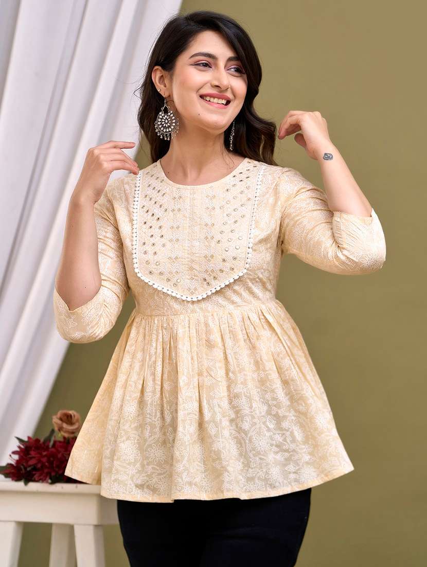 Women Printed Three Quarter Sleeves Flared Kurti - 22719764 -  Standard Image - 1