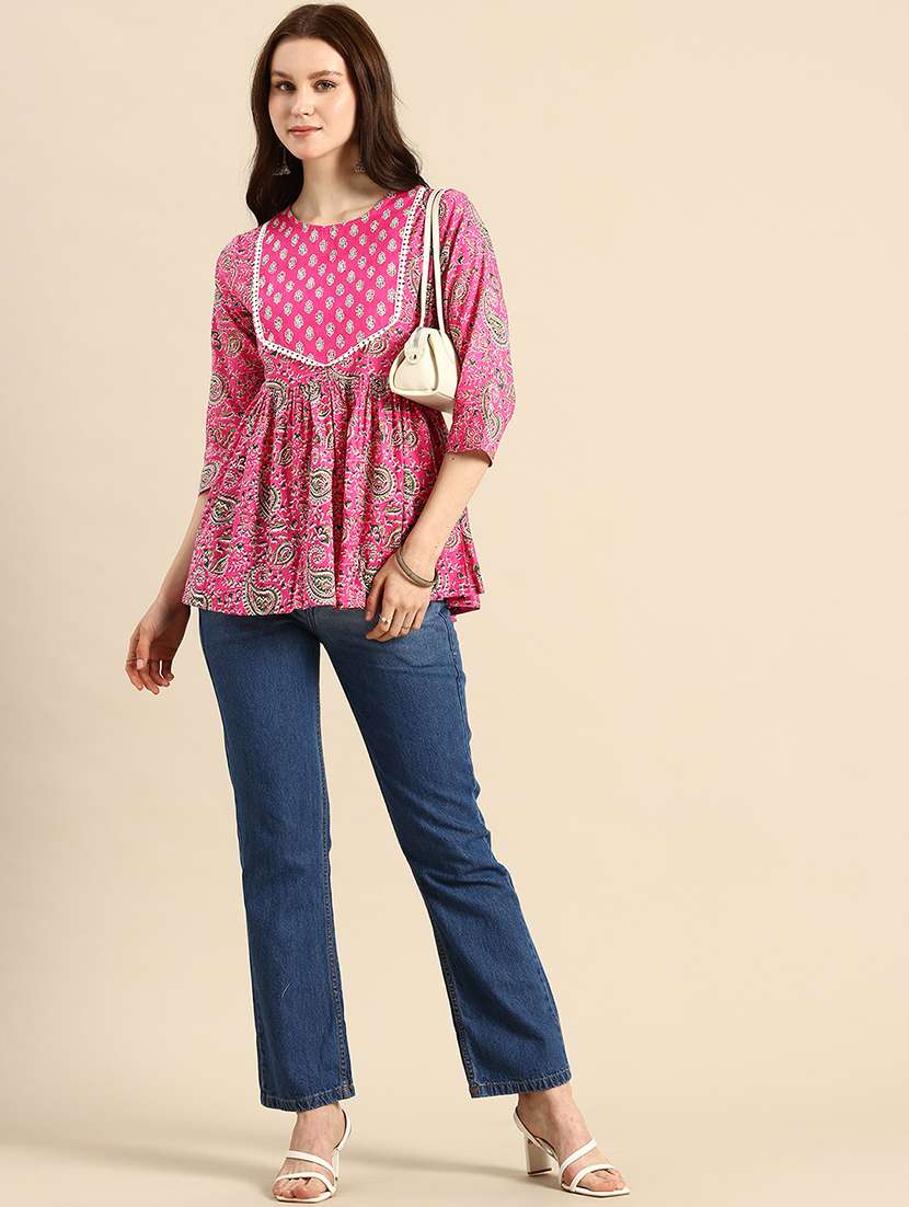 Women Printed Three Quarter Sleeves Flared Kurti - 22719800 -  Standard Image - 4