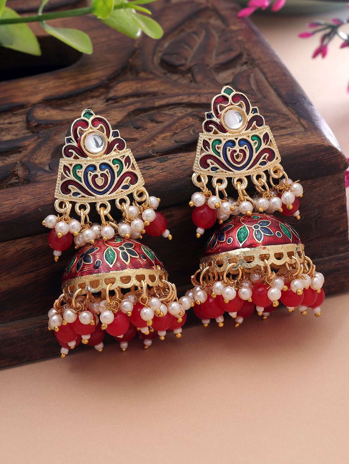 Women Red Meenakari Jhumka - 22719956 -  Standard Image - 1