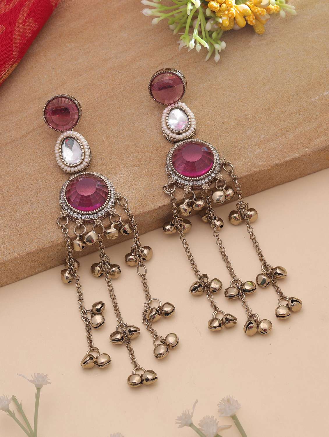 women purple stone long kashmiri drop earrings