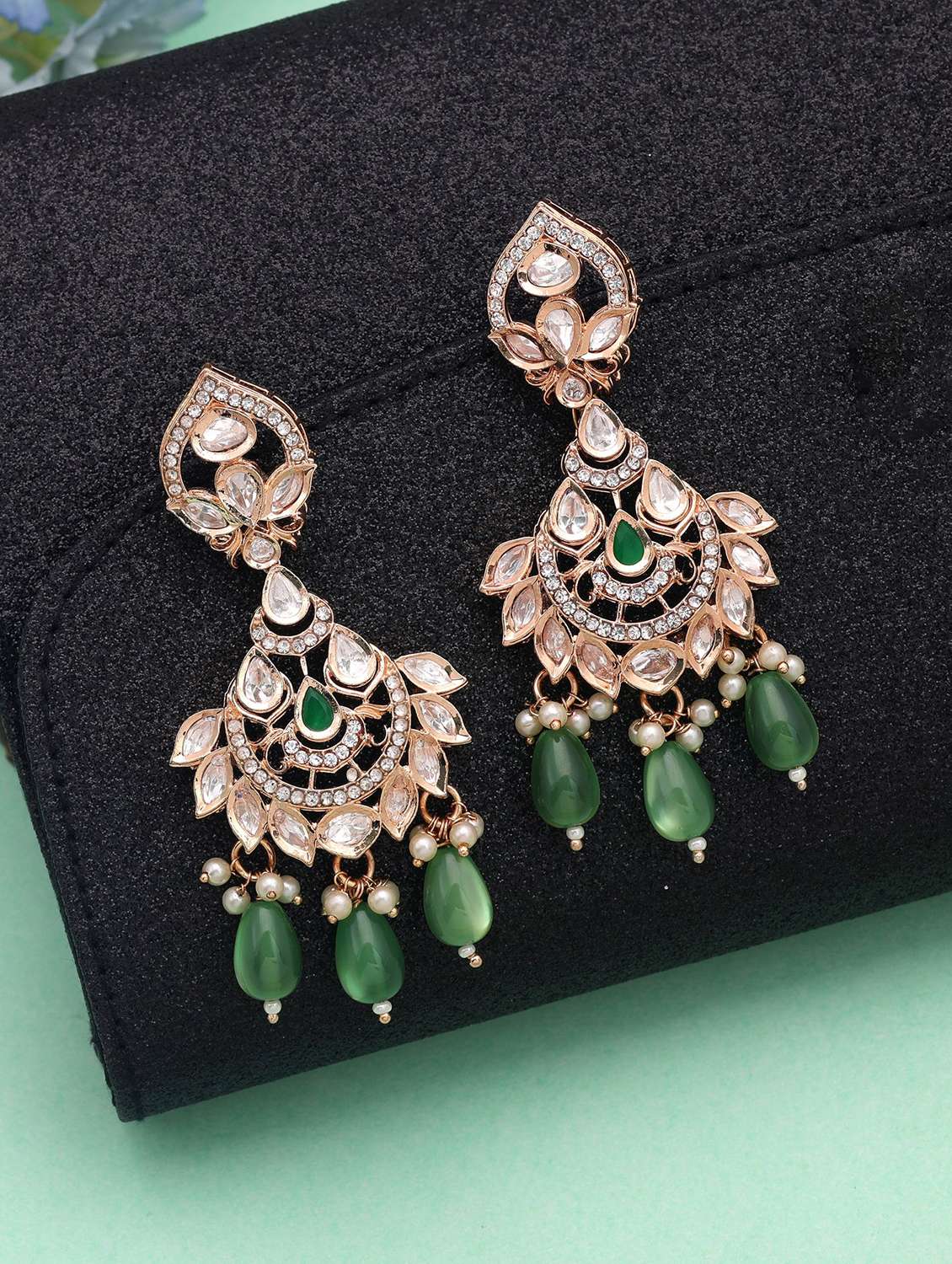Women Green Polki Kundan Chandbali - 22720022 -  Standard Image - 1