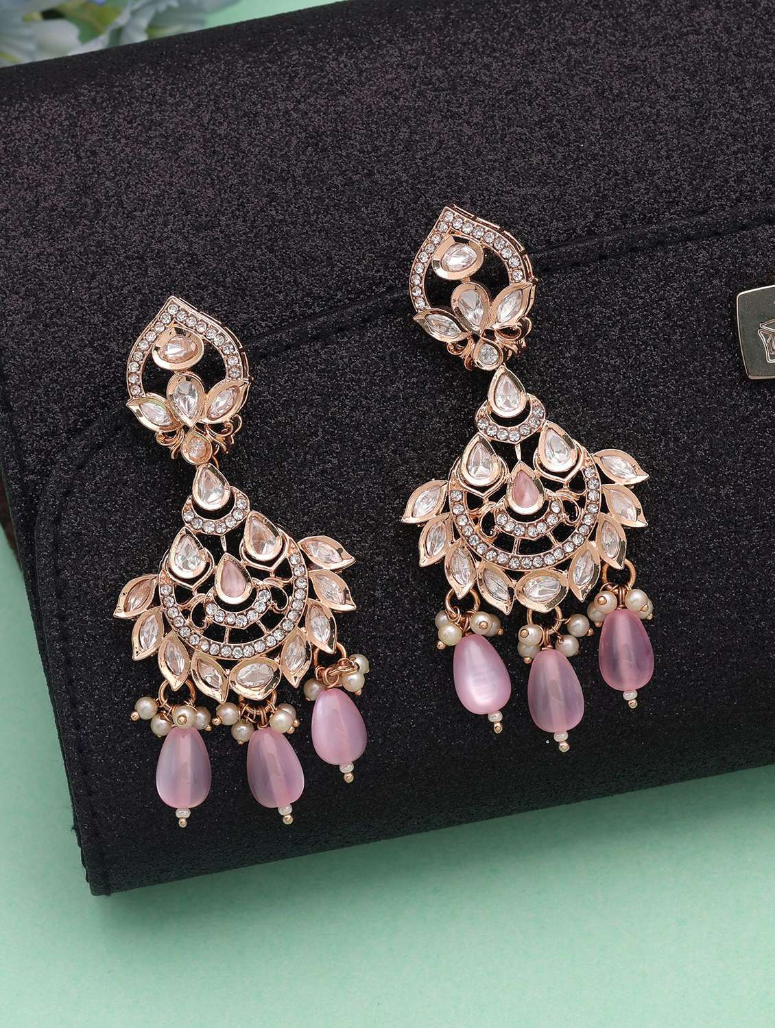 Women Pink Polki Kundan Chandbali - 22720023 -  Standard Image - 1