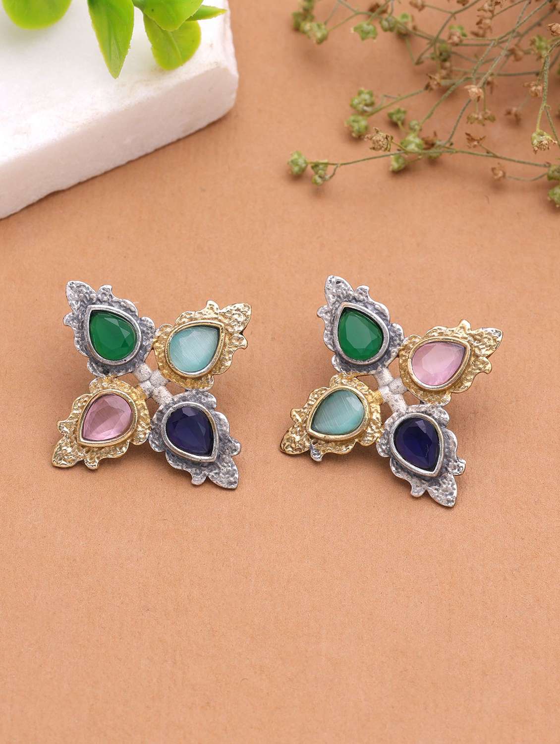 Women Oxidised Dual Tone Multi Coloured Stone Studs - 22720085 -  Standard Image - 1