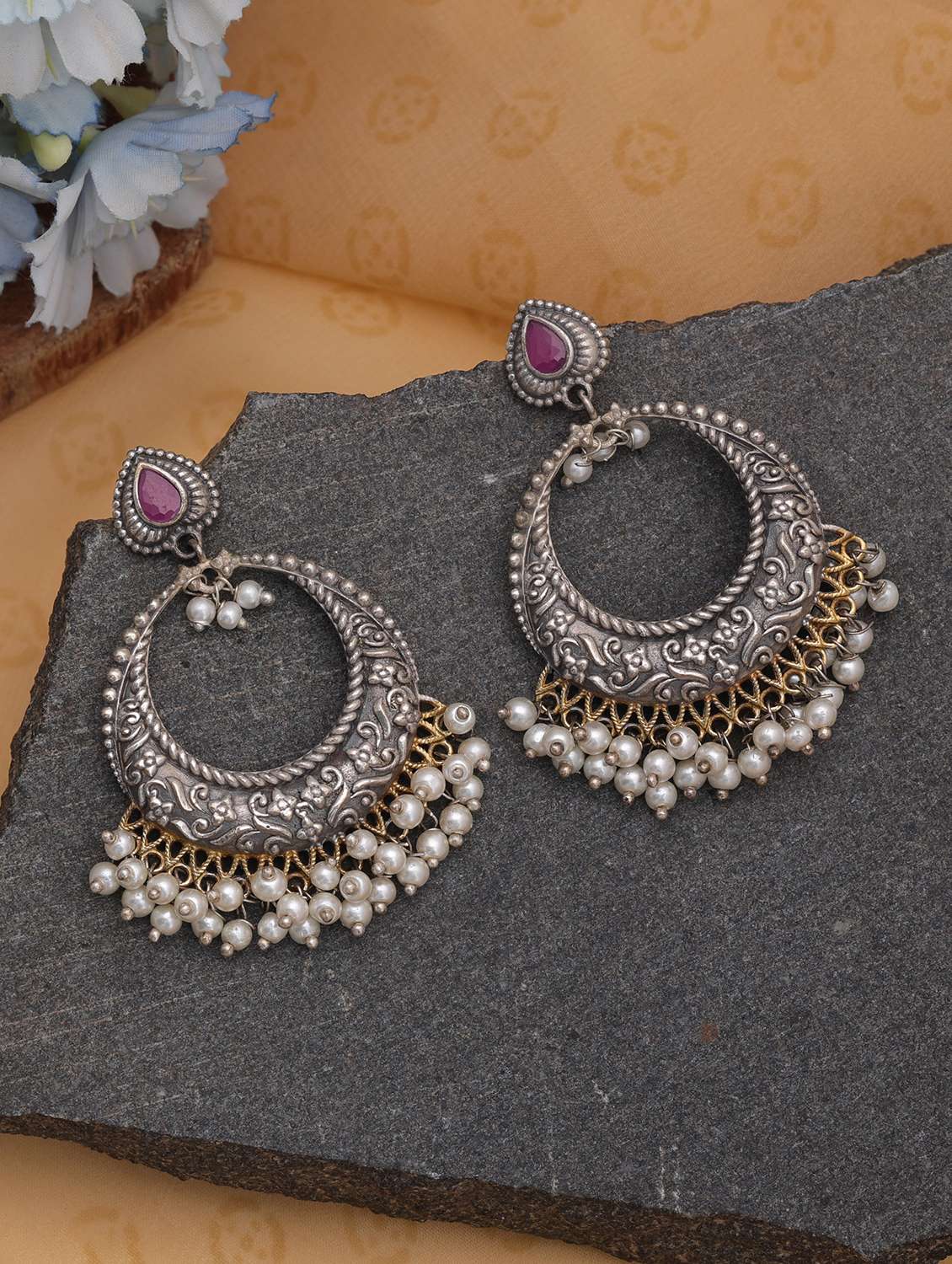 Women Oxidised Dual Tone Pink Stone Chandbali - 22720172 -  Standard Image - 1