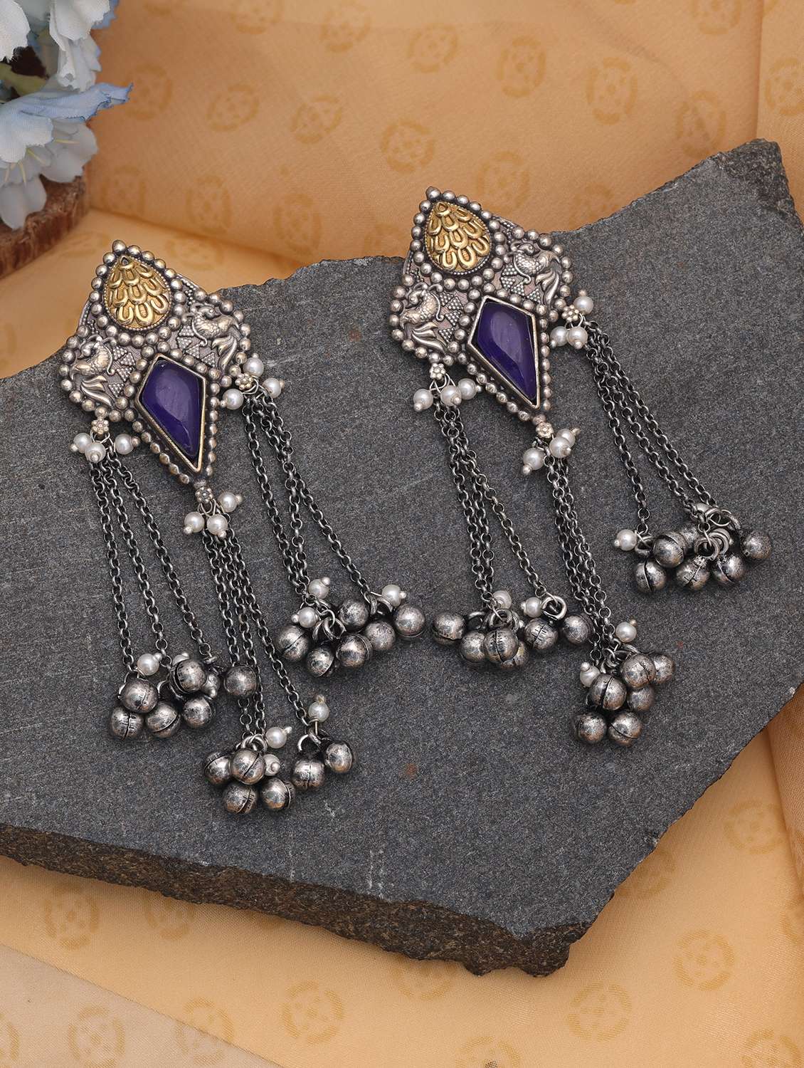 Women Oxidised Blue Stone Drop Earrings - 22720177 -  Standard Image - 1