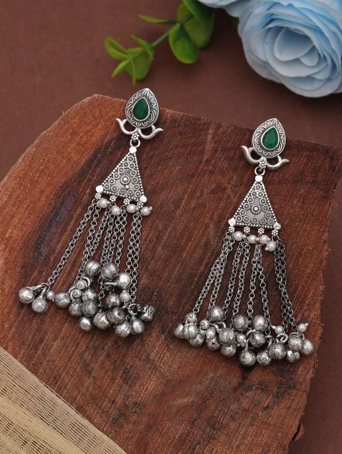 Women Oxidised Green Stone Drop Earrings - 22720179 -  Standard Image - 1