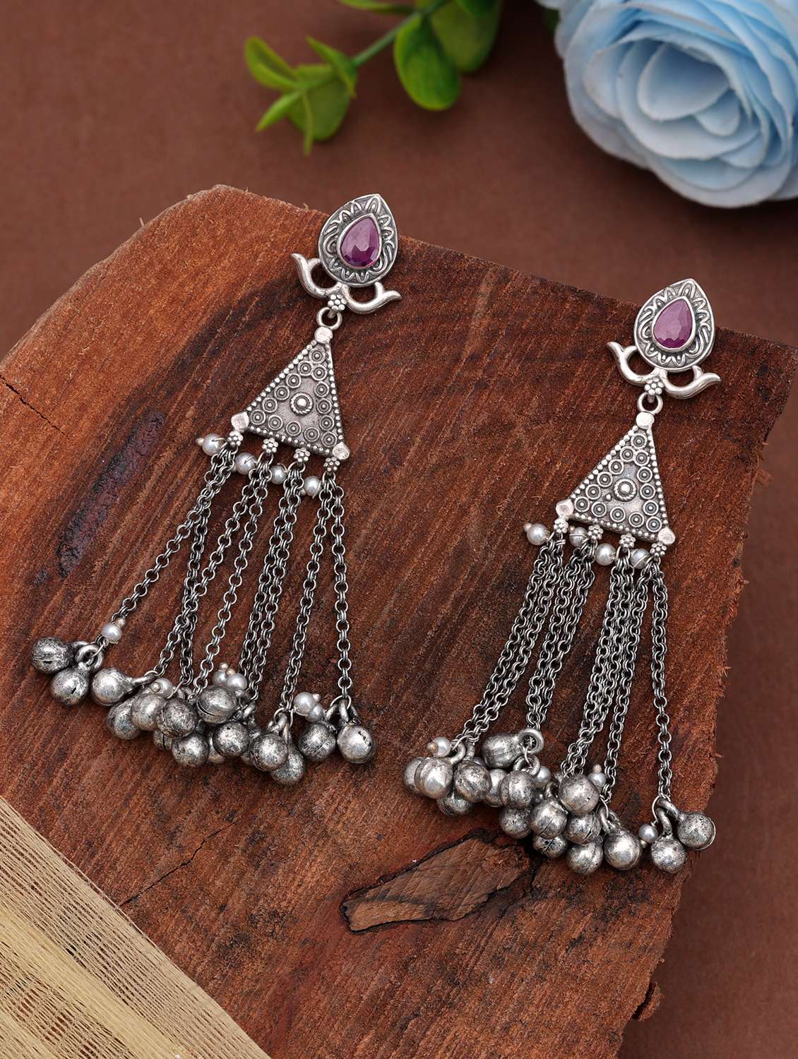 Women Oxidised Pink Stone Drop Earrings - 22720180 -  Standard Image - 1