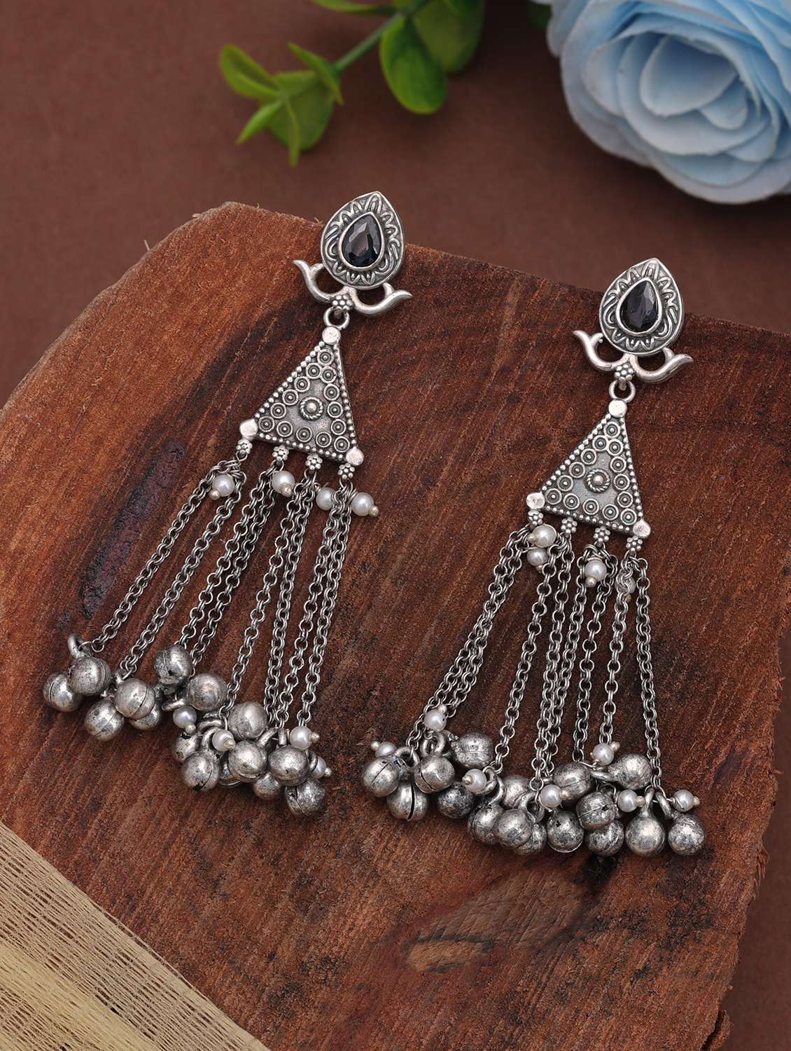 Women Oxidised Black Stone Drop Earrings - 22720181 -  Standard Image - 1