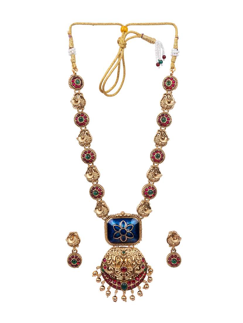 Temple Jewelry Set Antique Blue Gold Plated South Indian Style Necklace Set - 22720285 -  Standard Image - 1