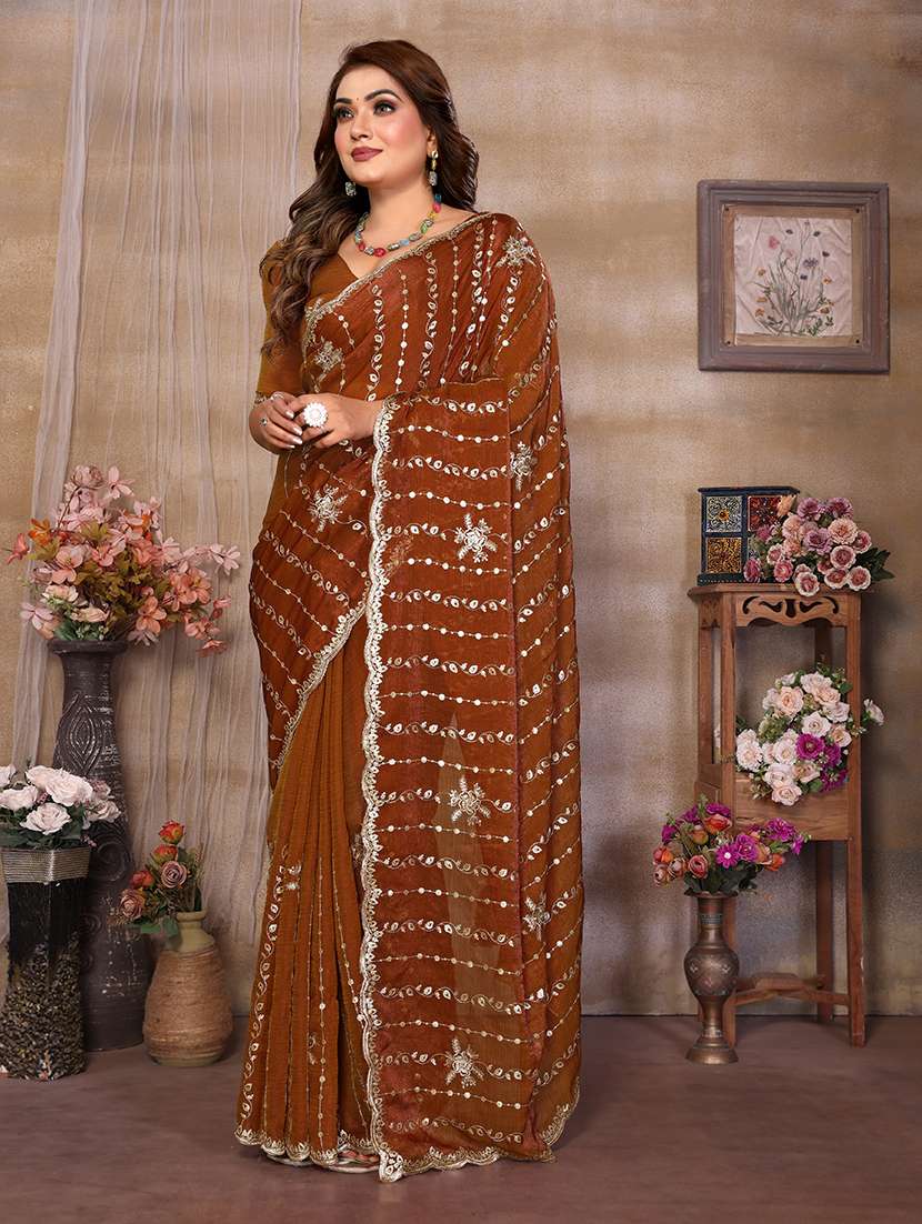 Women Solid With Work Embroidered Saree With Blouse - 22720637 -  Standard Image - 1