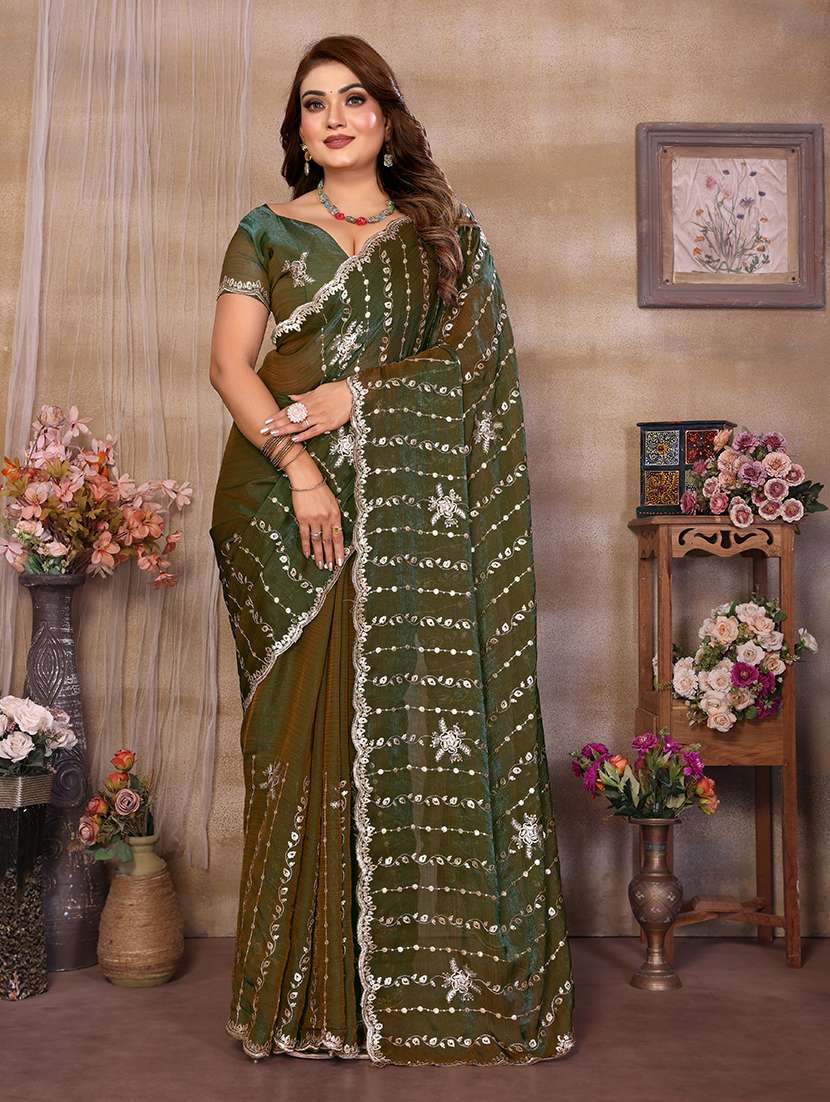 Women Solid With Work Embroidered Saree With Blouse - 22720639 -  Standard Image - 1