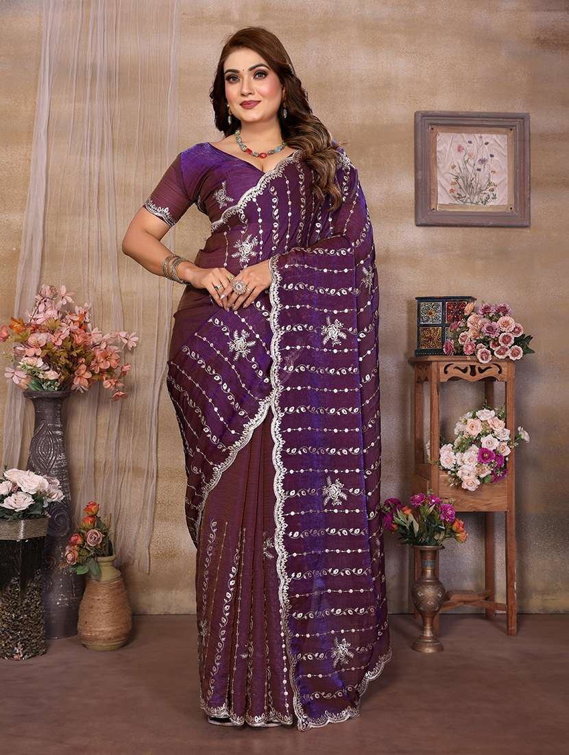 Women Solid With Work Embroidered Saree With Blouse - 22720641 -  Standard Image - 1