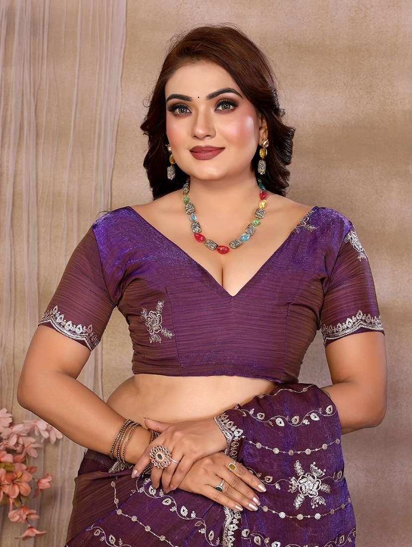 Women Solid With Work Embroidered Saree With Blouse - 22720641 -  Standard Image - 4