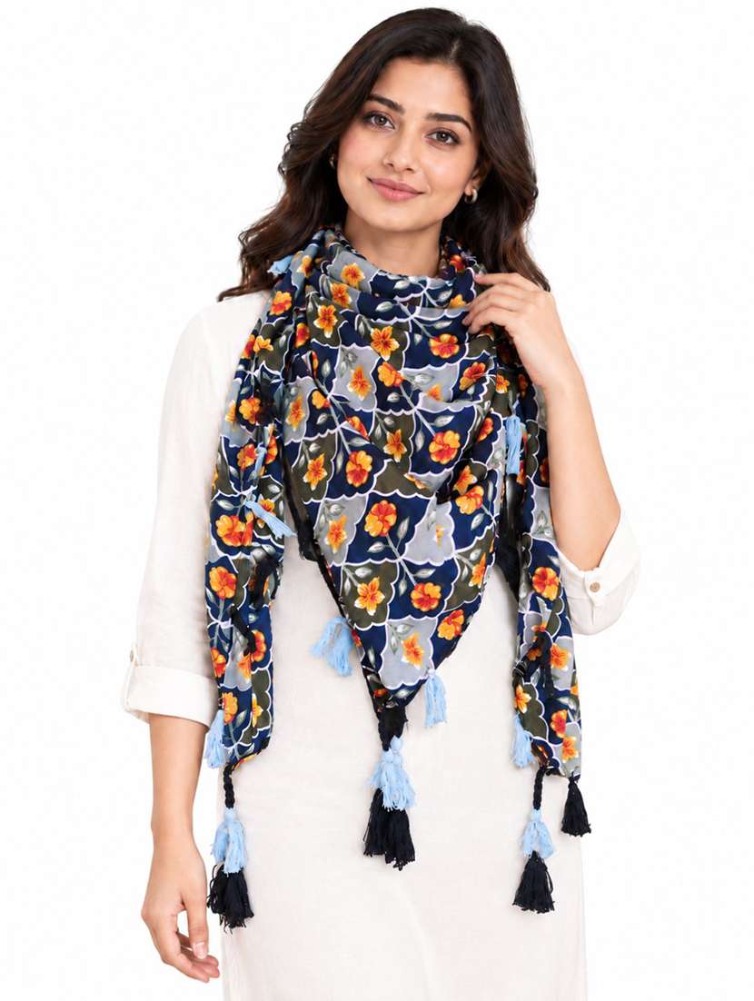 Women Pack Of 2 Floral Printed Scarf With Tassels - 22720962 -  Standard Image - 1