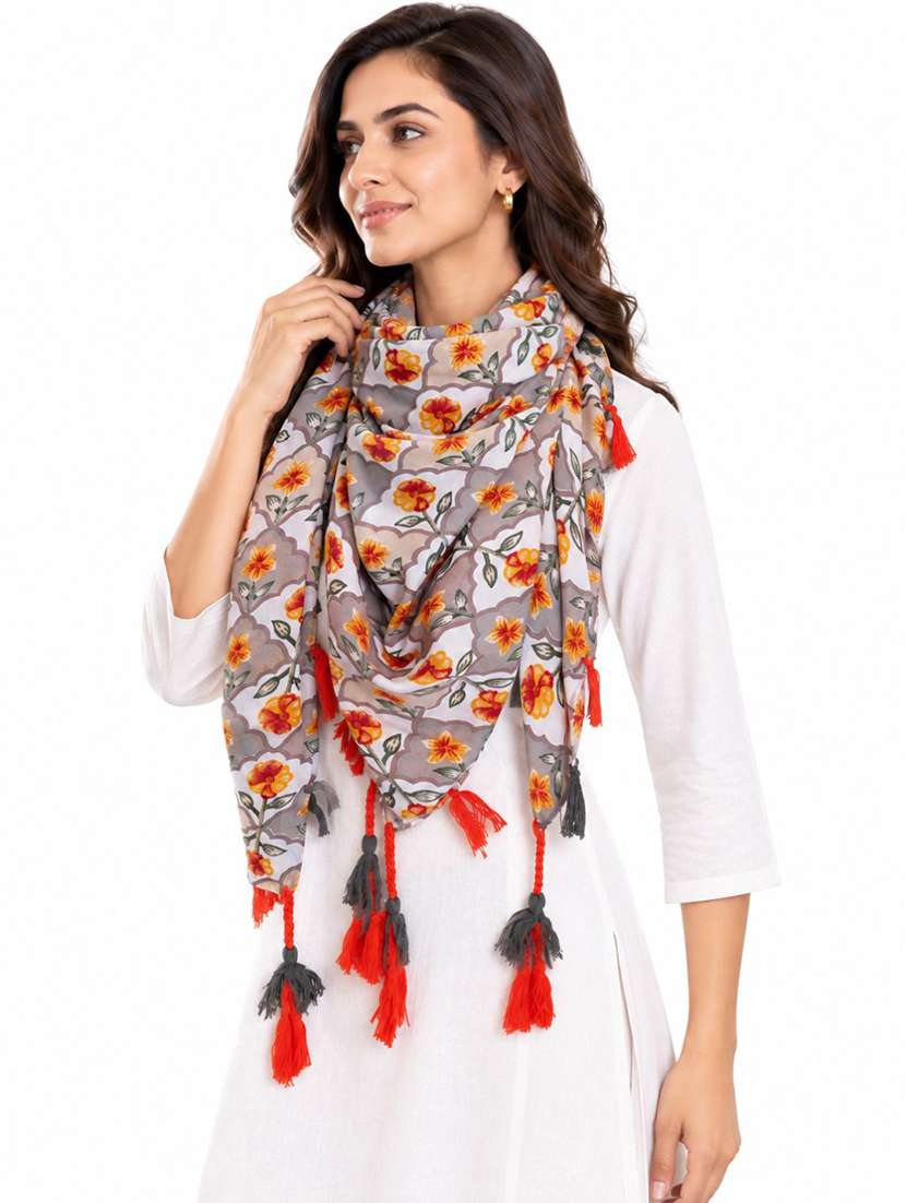 Women Pack Of 2 Floral Printed Scarf With Tassels - 22720967 -  Standard Image - 1