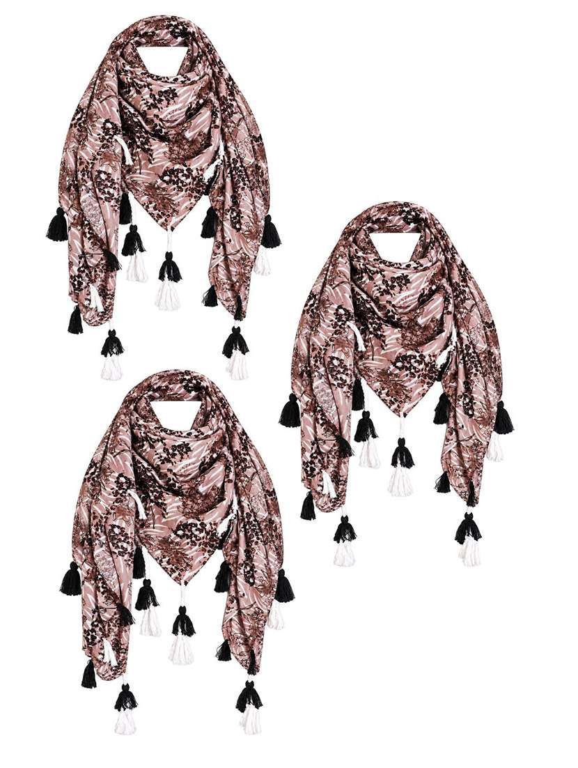 Women Pack Of 3 Floral Printed Scarf With Tassels - 22720978 -  Standard Image - 4