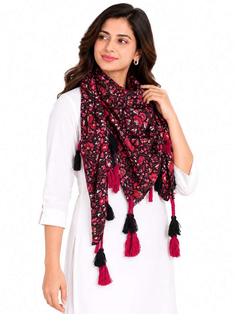 Women Pack Of 2 Floral Printed Scarf With Tassels - 22720987 -  Standard Image - 1
