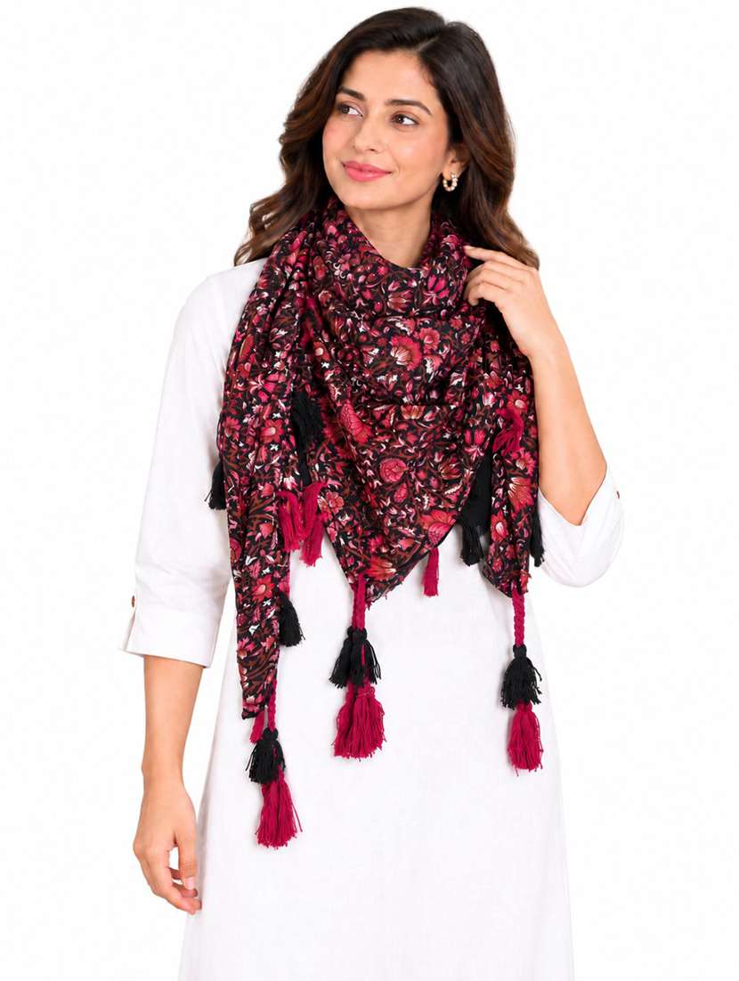 Women Pack Of 4 Floral Printed Scarf With Tassels - 22720989 -  Standard Image - 1