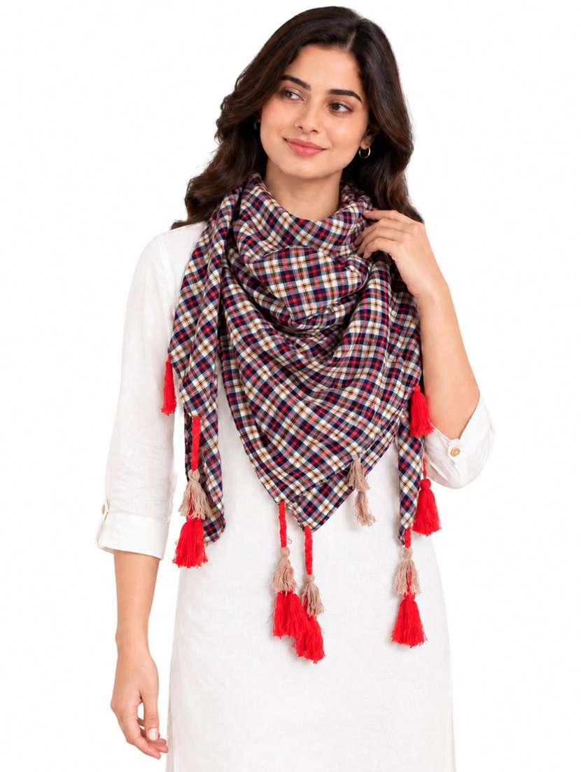 Women Checkered Scarf With Tassels - 22720991 -  Standard Image - 1
