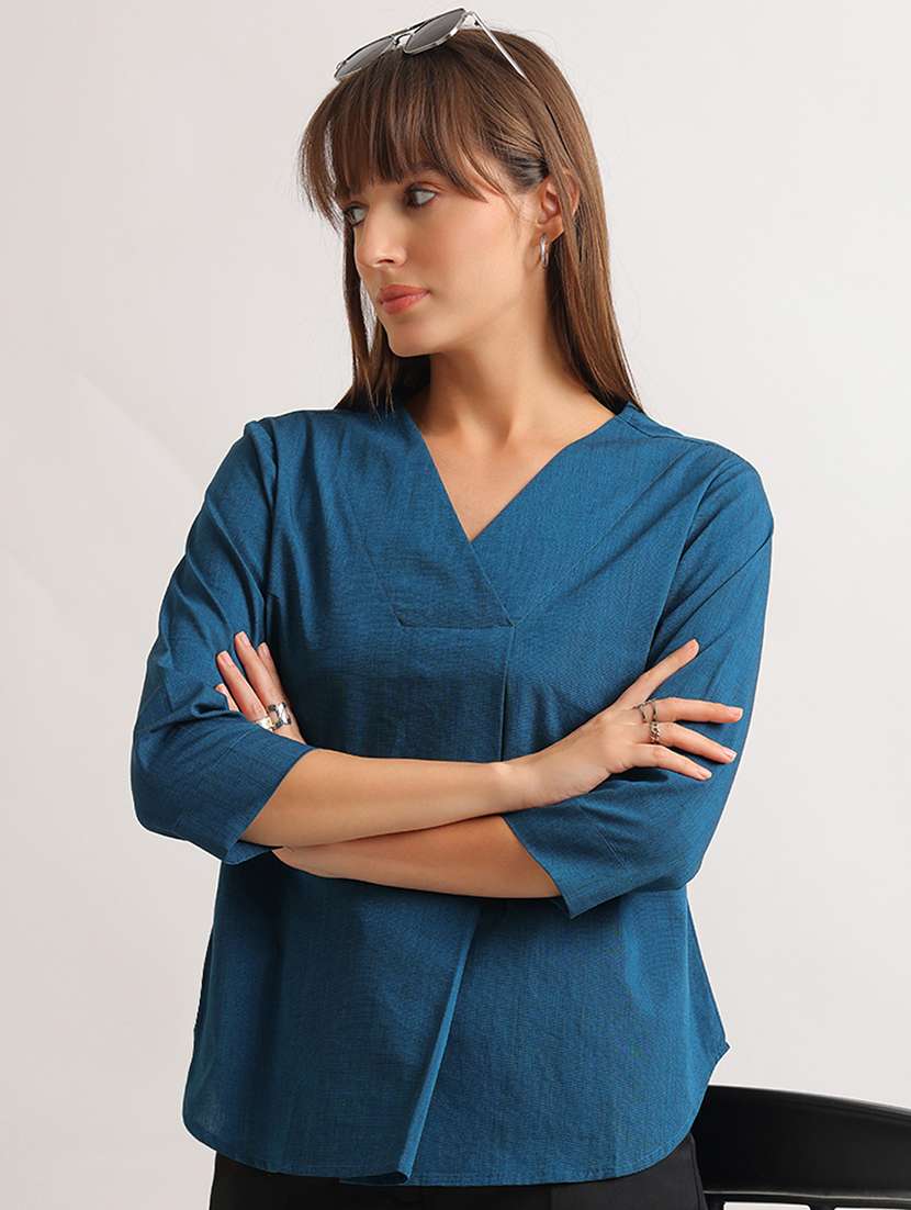women solid three quarter sleeves regular top