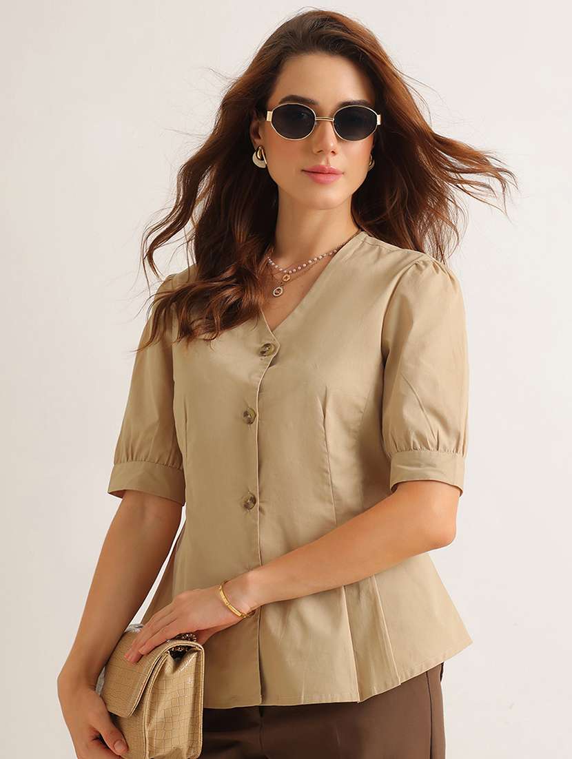 women solid short sleeves a-line top