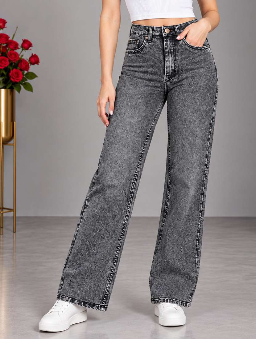 women washed high rise straight jeans