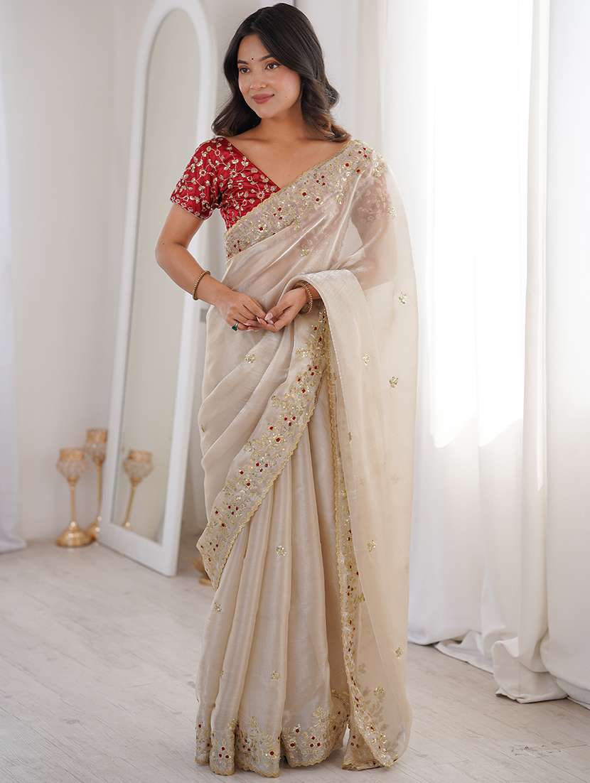 women solid with work bordered saree with blouse