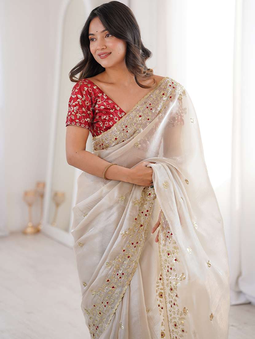 Women Solid With Work Bordered Saree With Blouse - 22721924 -  Standard Image - 1