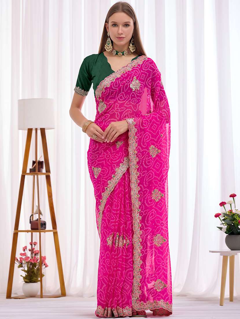 women bandhani printed saree with blouse