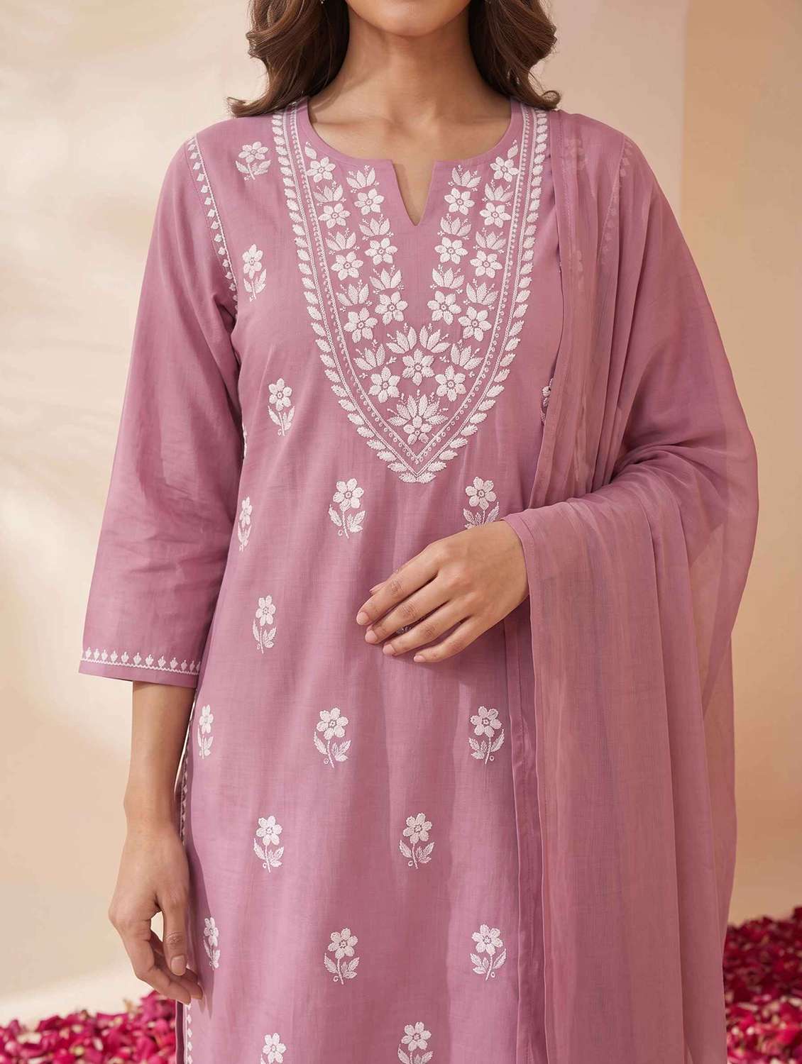 Women Embroidered Three Quarter Sleeves Kurta Pant Set With Dupatta - 22722850 -  Standard Image - 1