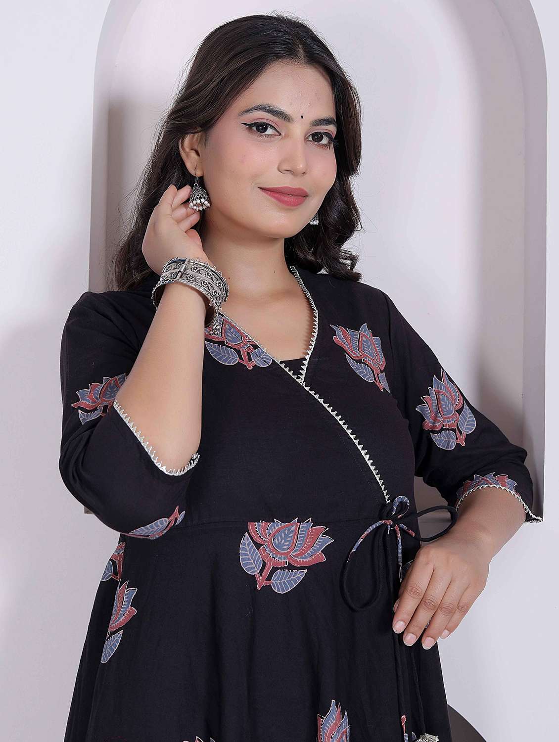Angrakha Cotton Black Floral Three Quarter Sleeves Kurta - 22722862 -  Standard Image - 1