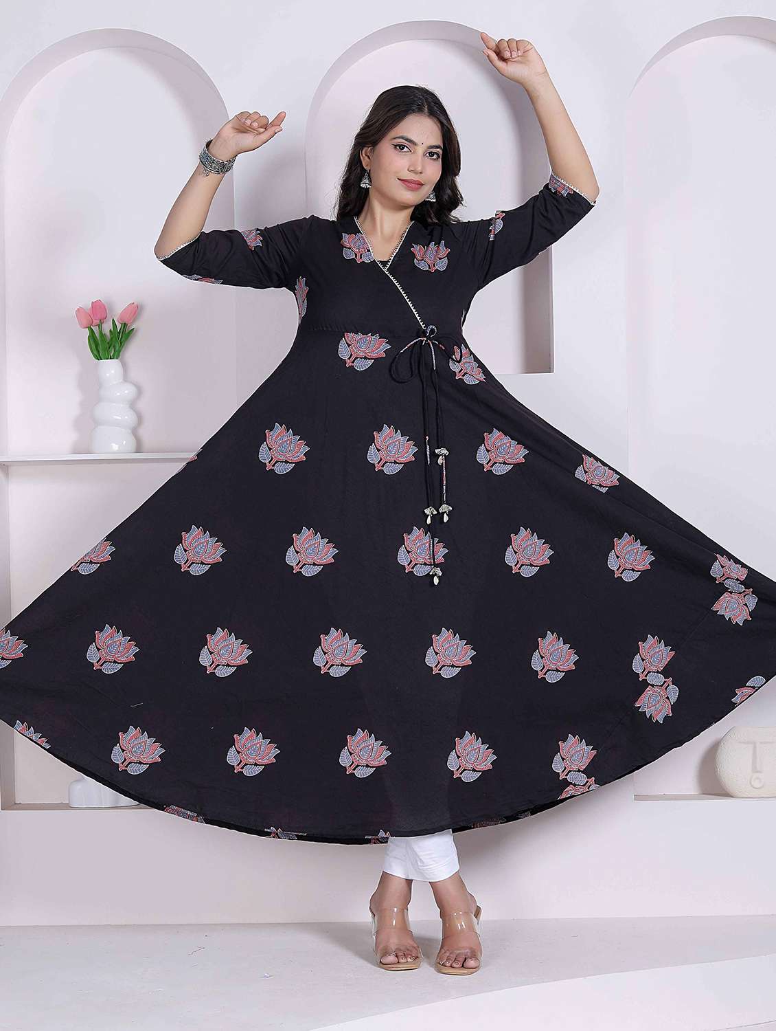 Angrakha Cotton Black Floral Three Quarter Sleeves Kurta - 22722862 -  Standard Image - 4