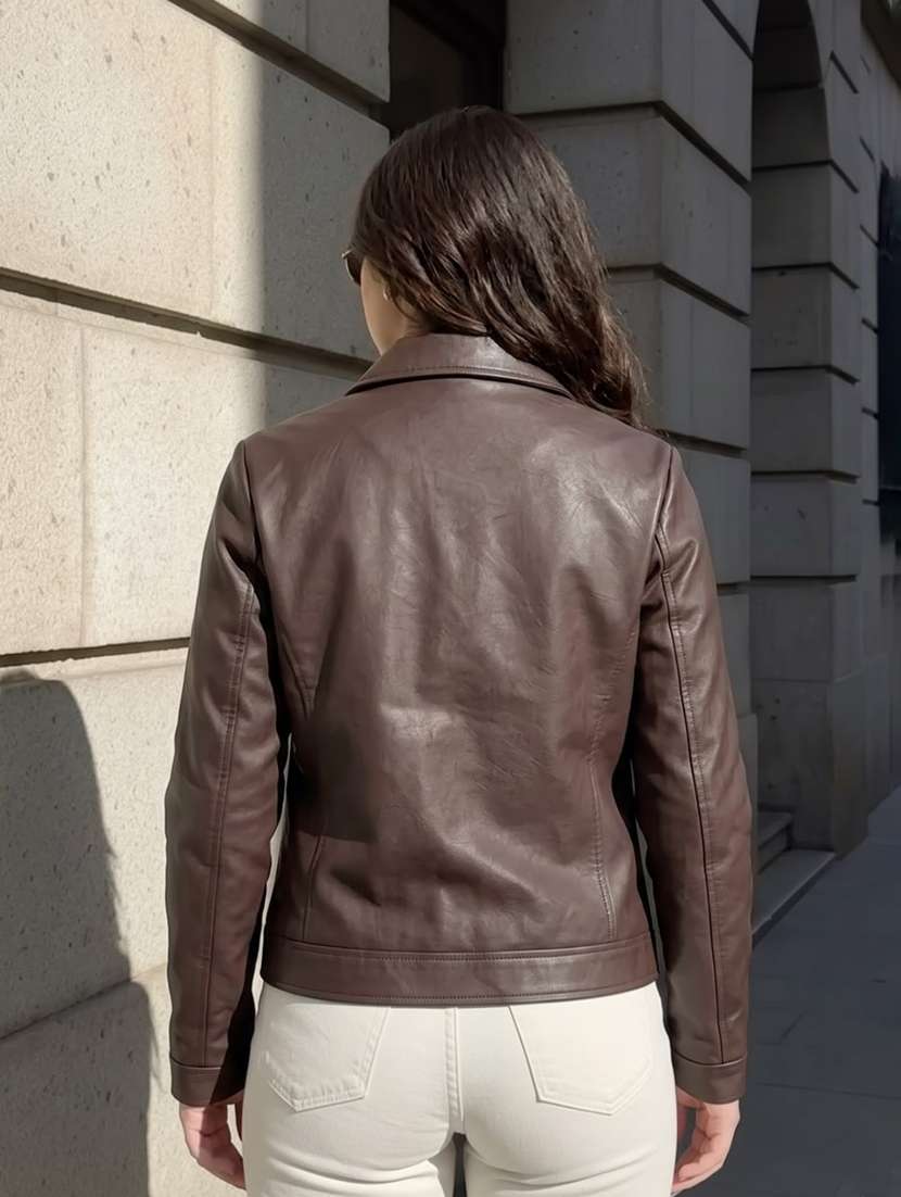 Women Solid Long Sleeves Leather Jacket - 22724786 -  Standard Image - 1