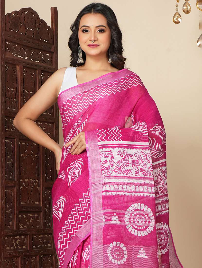 Women Printed Handloom Saree With Blouse - 22724813 -  Standard Image - 1