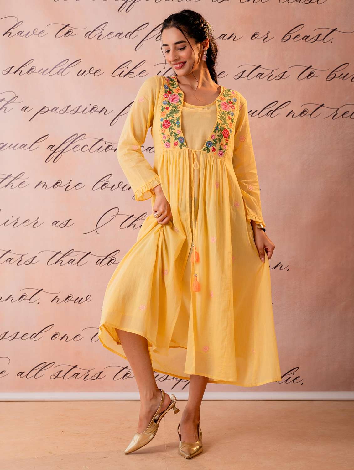 women embroidered long sleeves a-line kurta
