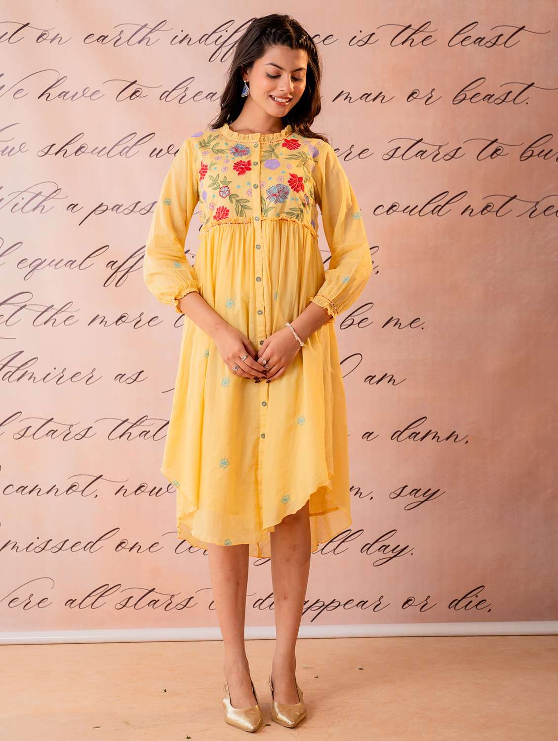 women embroidered three quarter sleeves a-line kurta