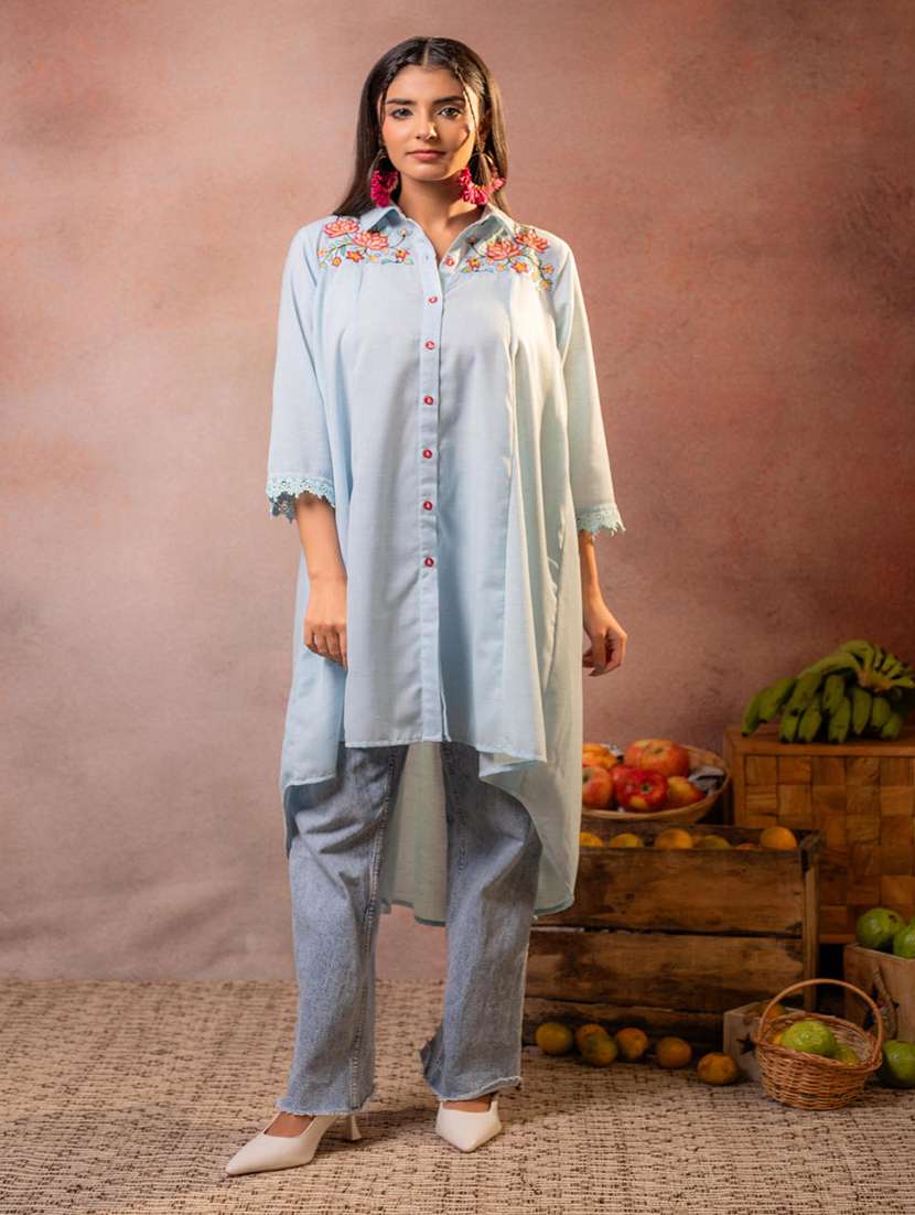 women embroidered three quarter sleeves high low kurta