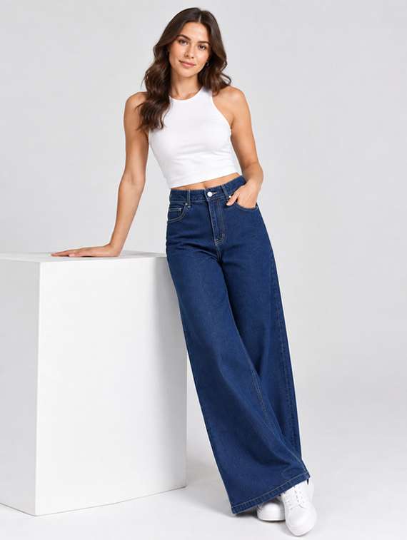 Women Plain Mid Rise Wide Leg Jeans - 22725692 -  Standard Image - 4