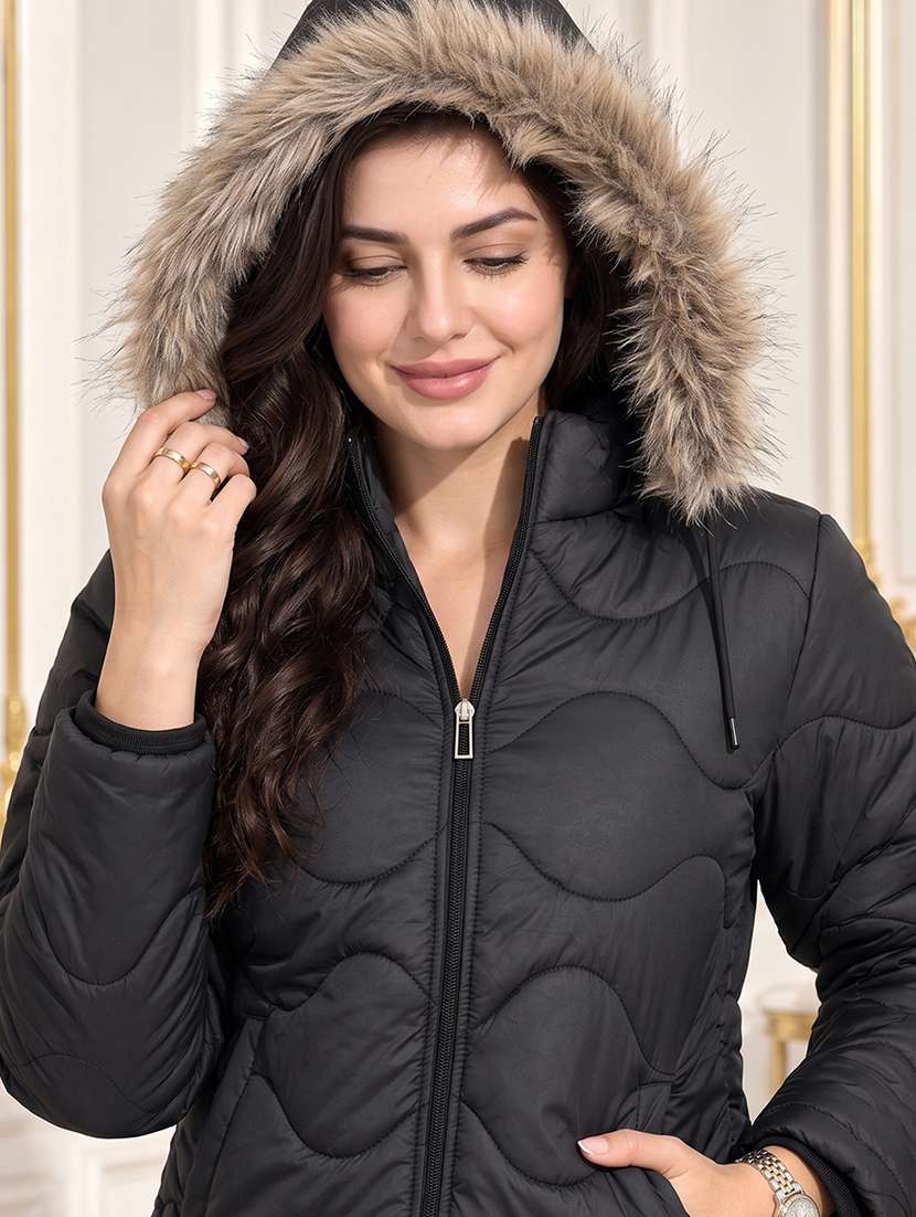 Women Solid Long Sleeves Hooded Puffer Jacket - 22725794 -  Standard Image - 1