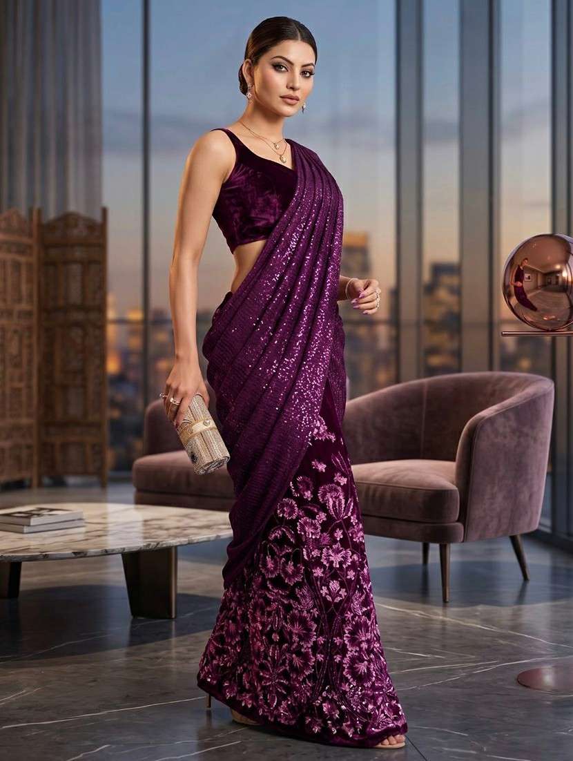 Women Solid With Work Embellished Saree With Blouse - 22727075 -  Standard Image - 1