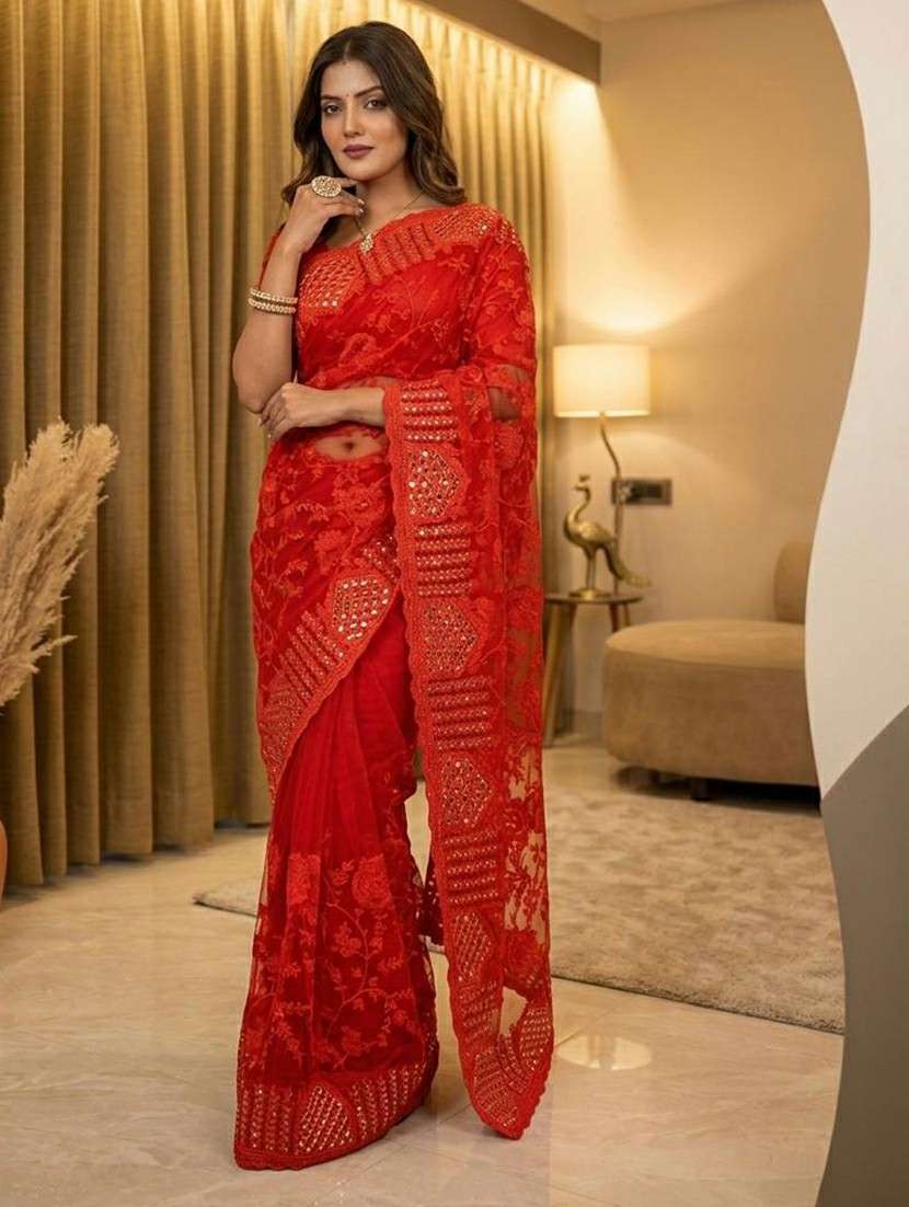 Women Solid With Work Embroidered Saree With Blouse - 22727079 -  Standard Image - 1
