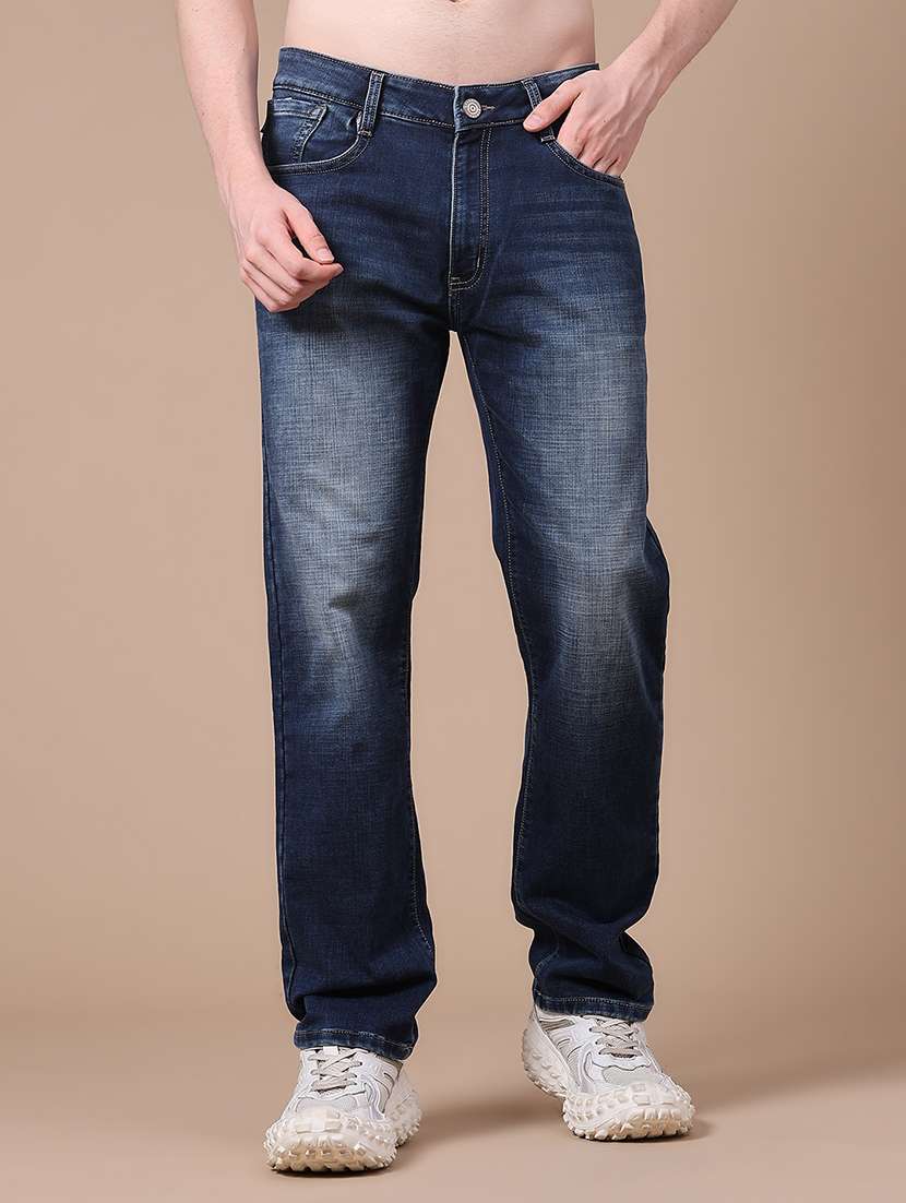 men washed mid rise full length straight jeans