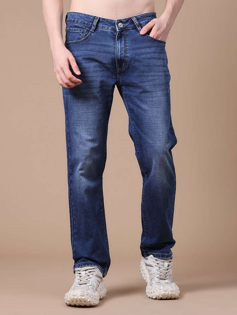 men washed mid rise full length straight jeans