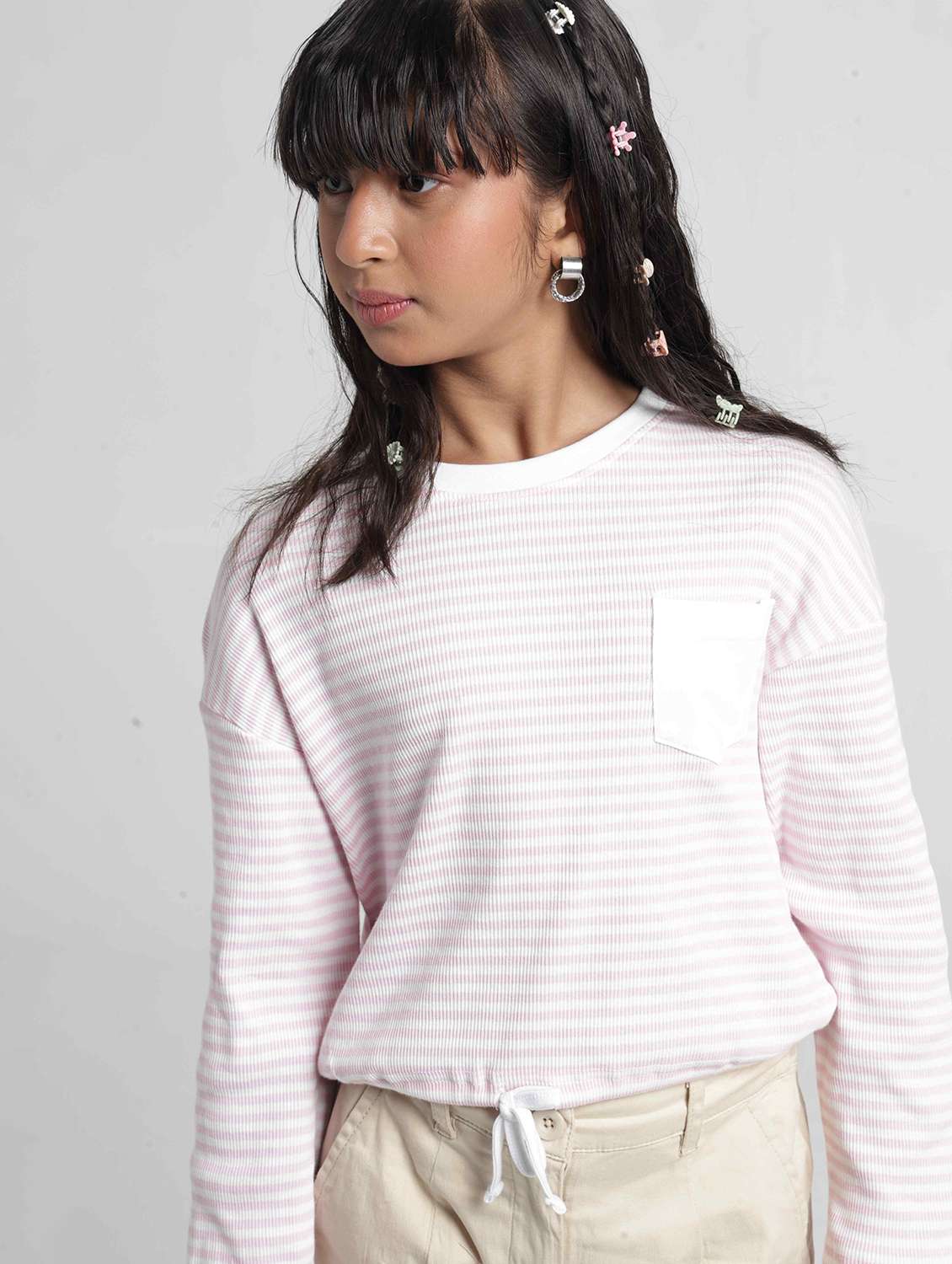 Girls Striped Long Sleeves Regular Fit Tee - 22727295 -  Standard Image - 1