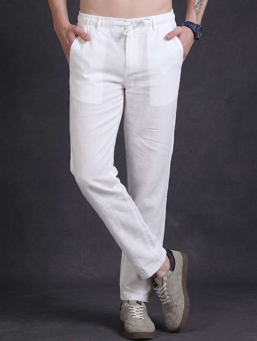 men solid mid rise regular fit casual trouser