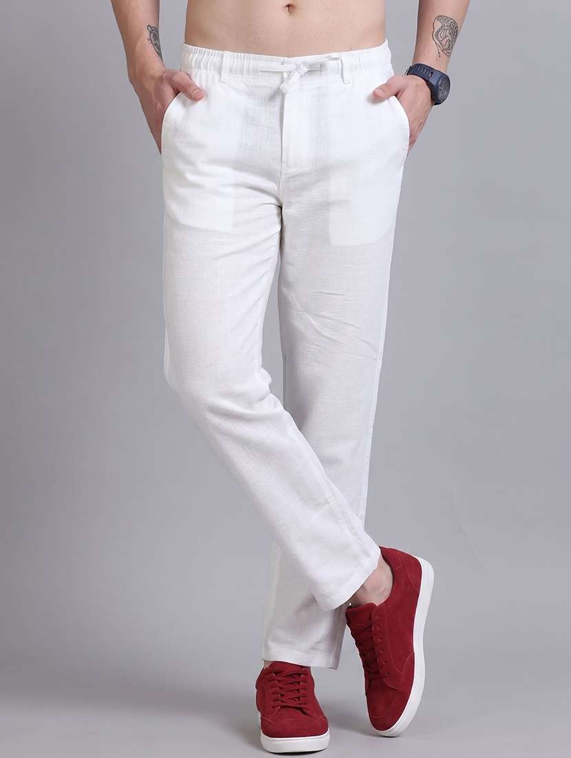 men solid mid rise regular fit casual trouser